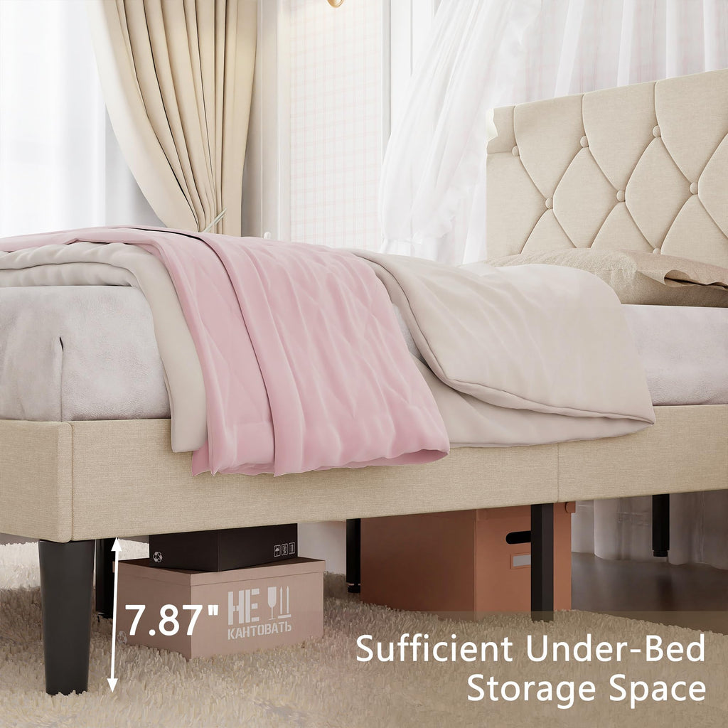 Twin Bed Frame with Upholstered Tufted Headboard, Beige Y539