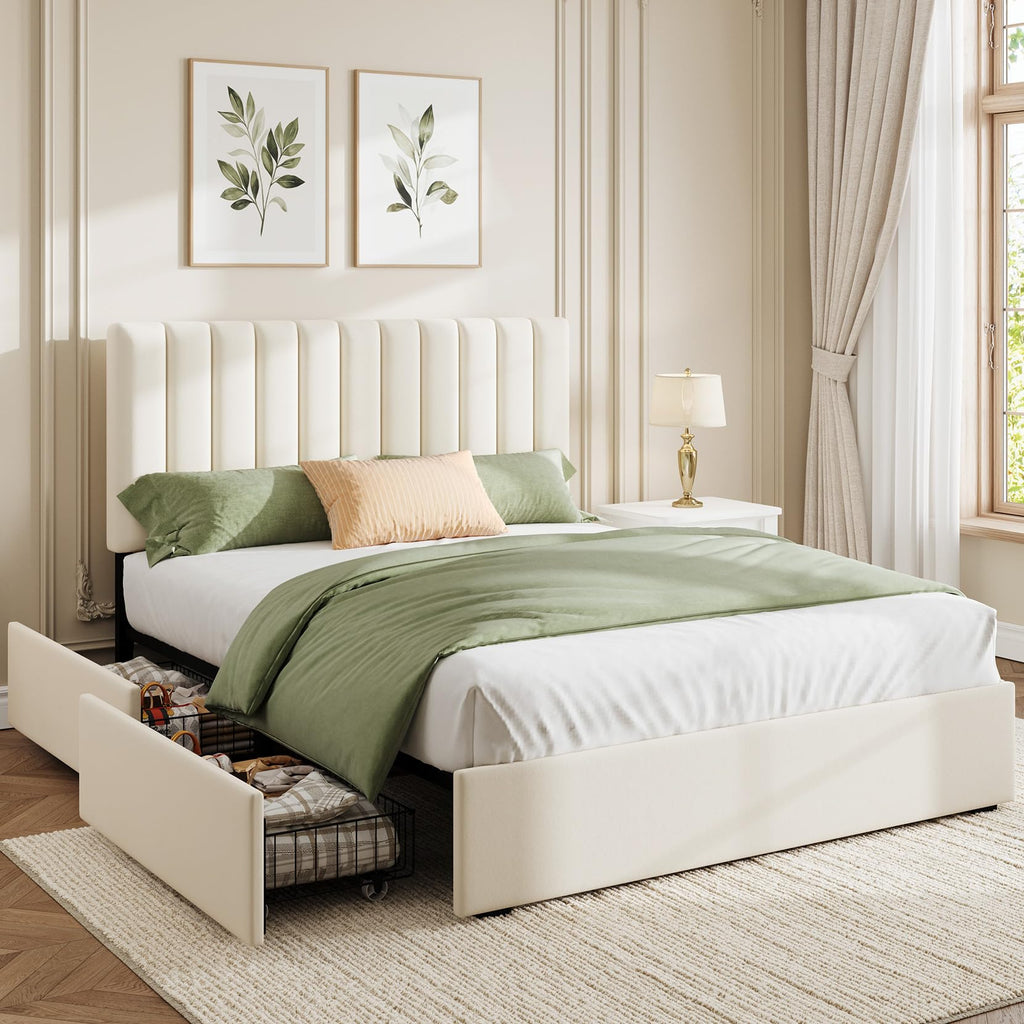 White Full Size Upholstered Bed Frame with Headboard & 4 Drawers J249