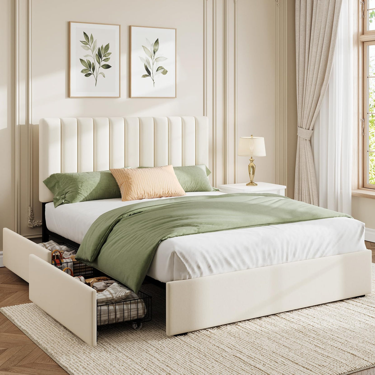 White Full Size Upholstered Bed Frame with Headboard & 4 Drawers J249