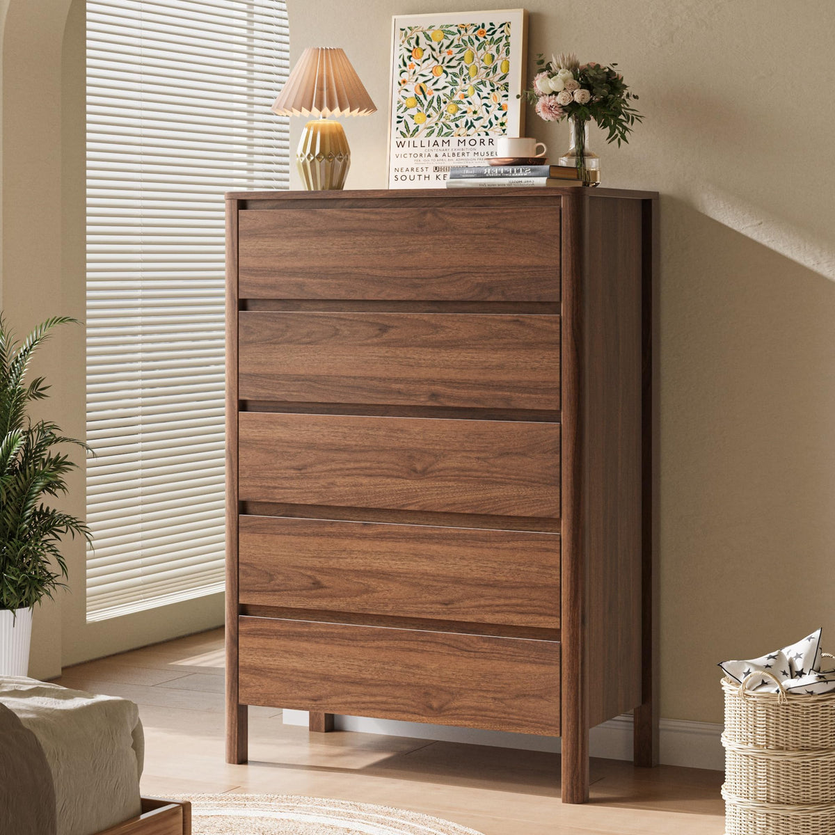 Walnut 5 Drawer Wood Dresser L8353