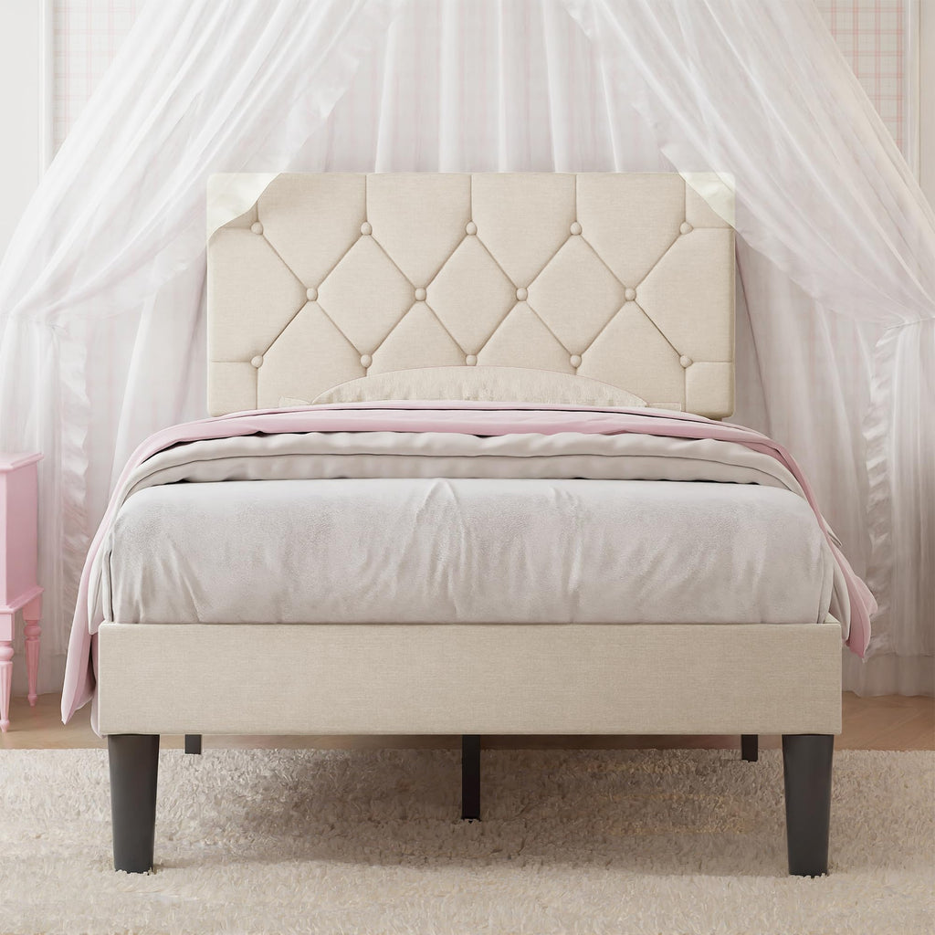 Twin Bed Frame with Upholstered Tufted Headboard, Beige Y539