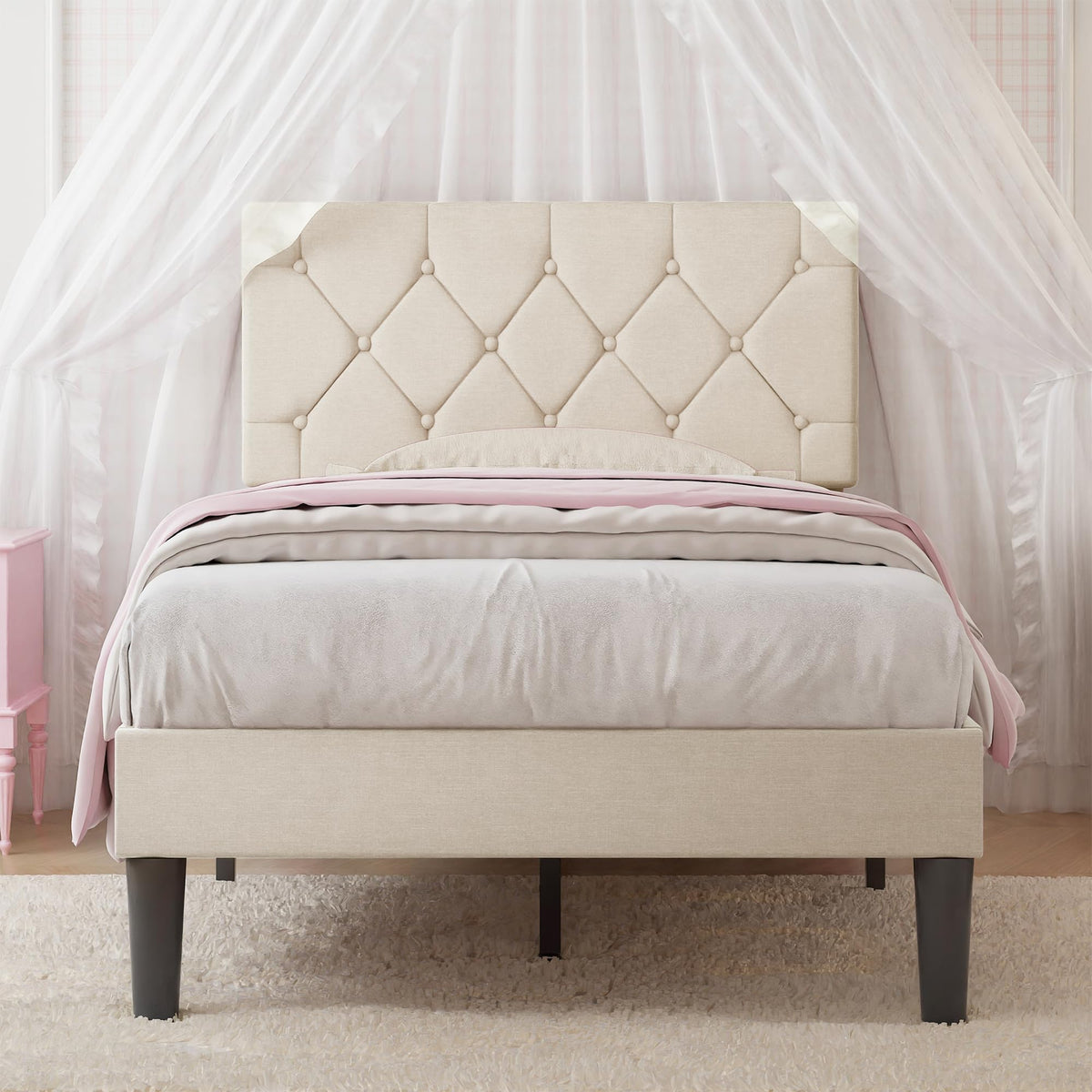 Twin Bed Frame with Upholstered Tufted Headboard, Beige Y539
