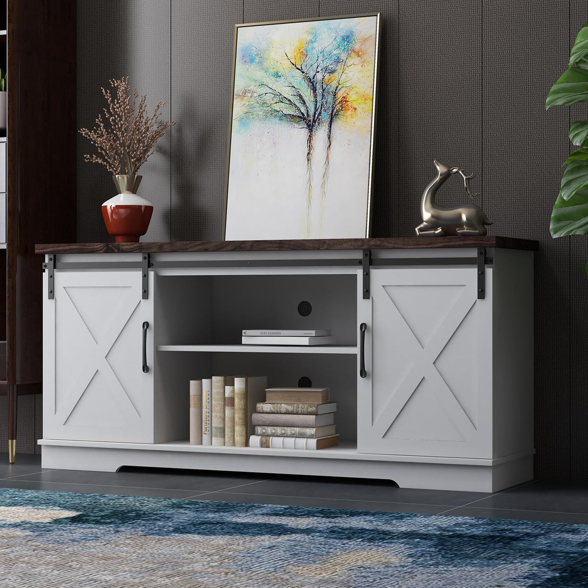 Farmhouse TV Stand with Sliding Barn Doors, White & Brown I694691