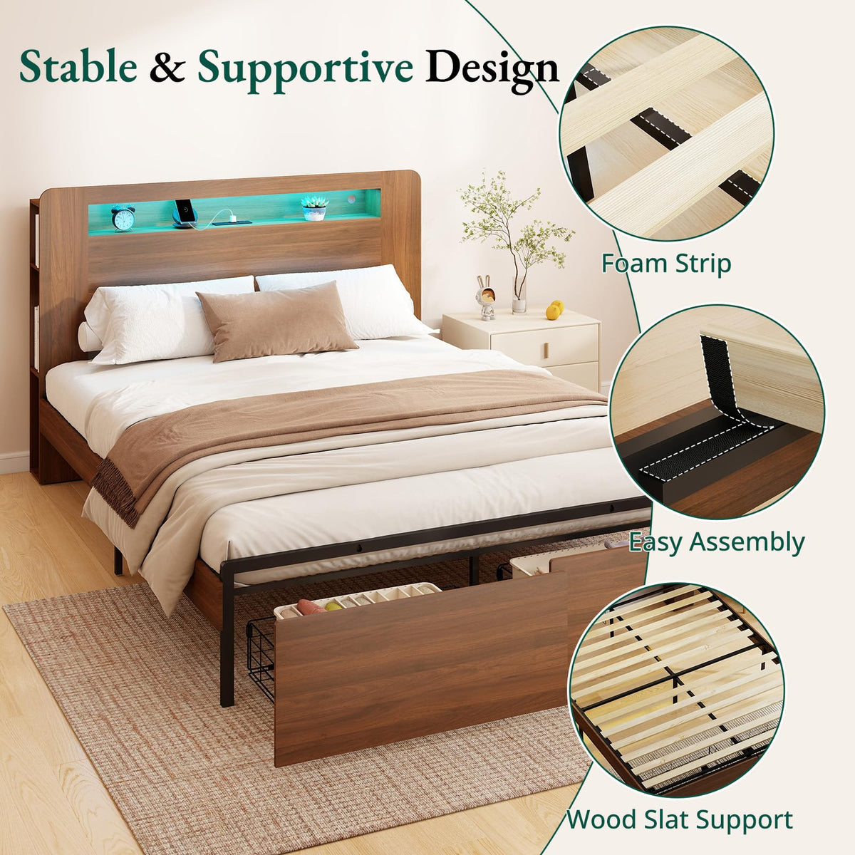Wood Bed Frame Full with 2 Storage Drawers V506515