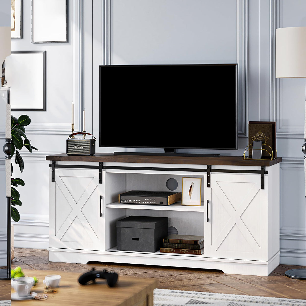 Farmhouse TV Stand with Sliding Barn Doors, White & Brown I694691