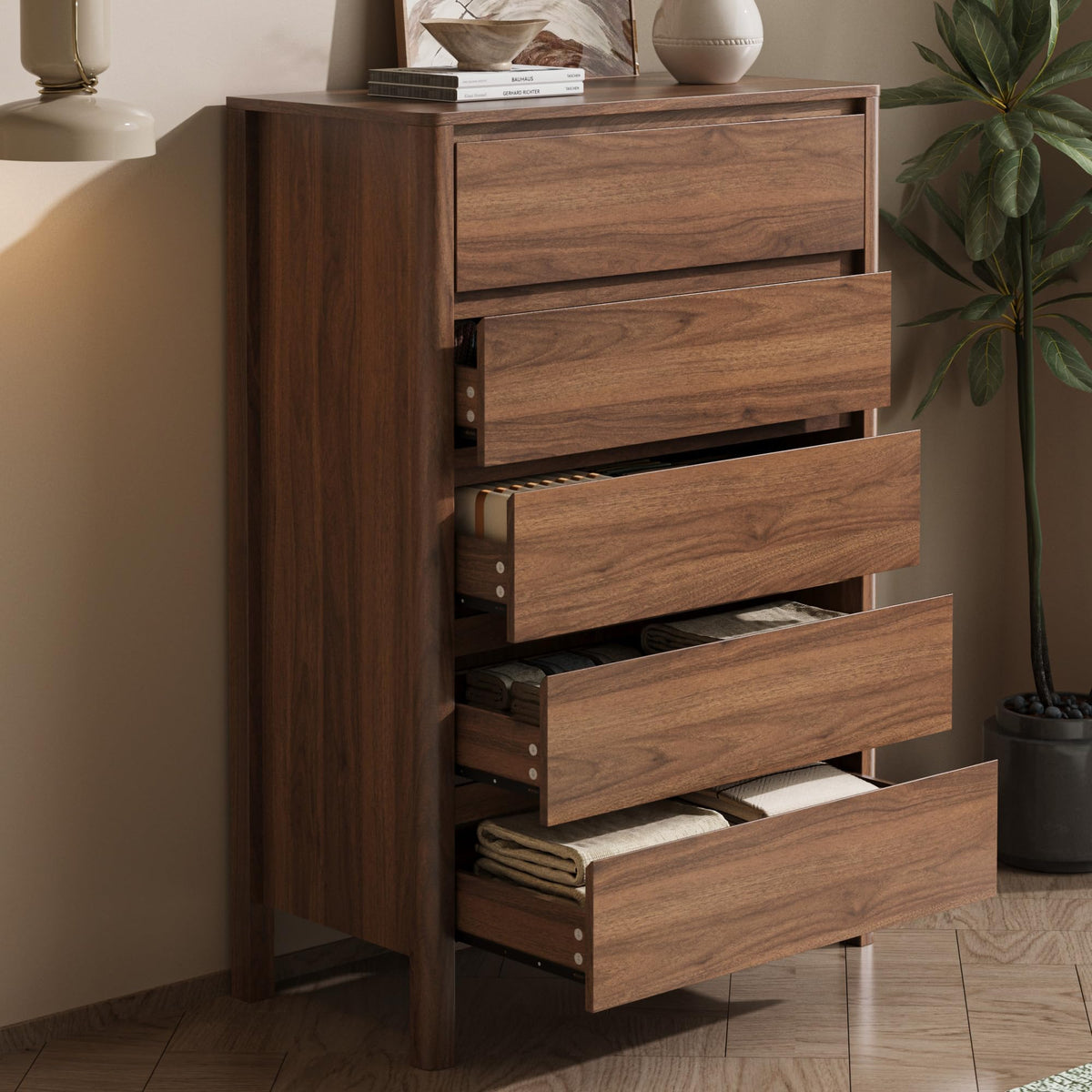 Walnut 5 Drawer Wood Dresser L8353