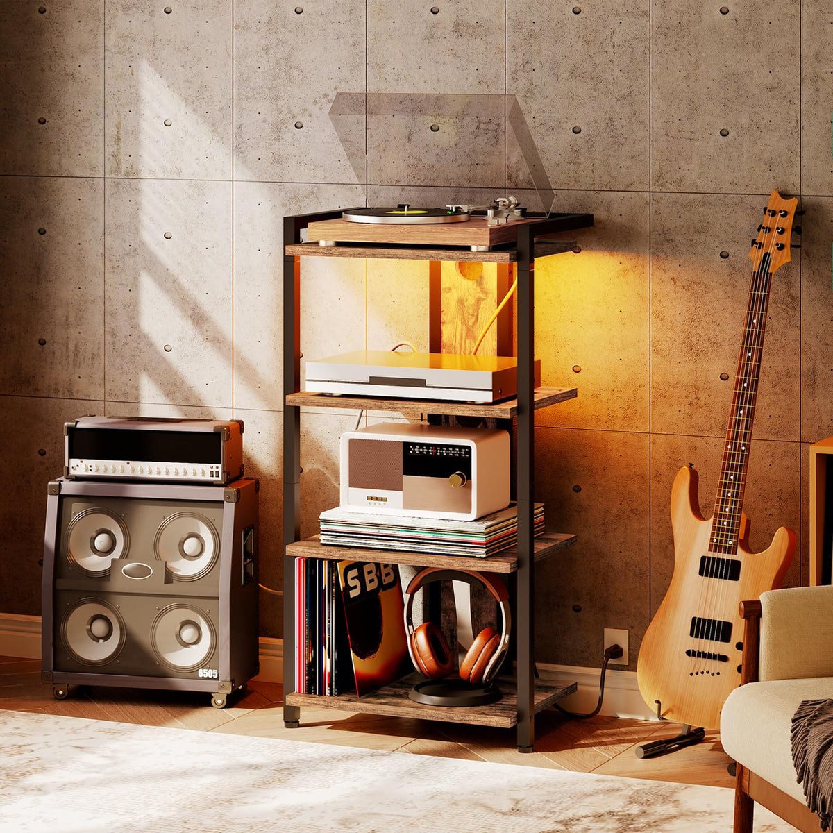 4-Tier Media Stand with Charging Station & LED Light S26012