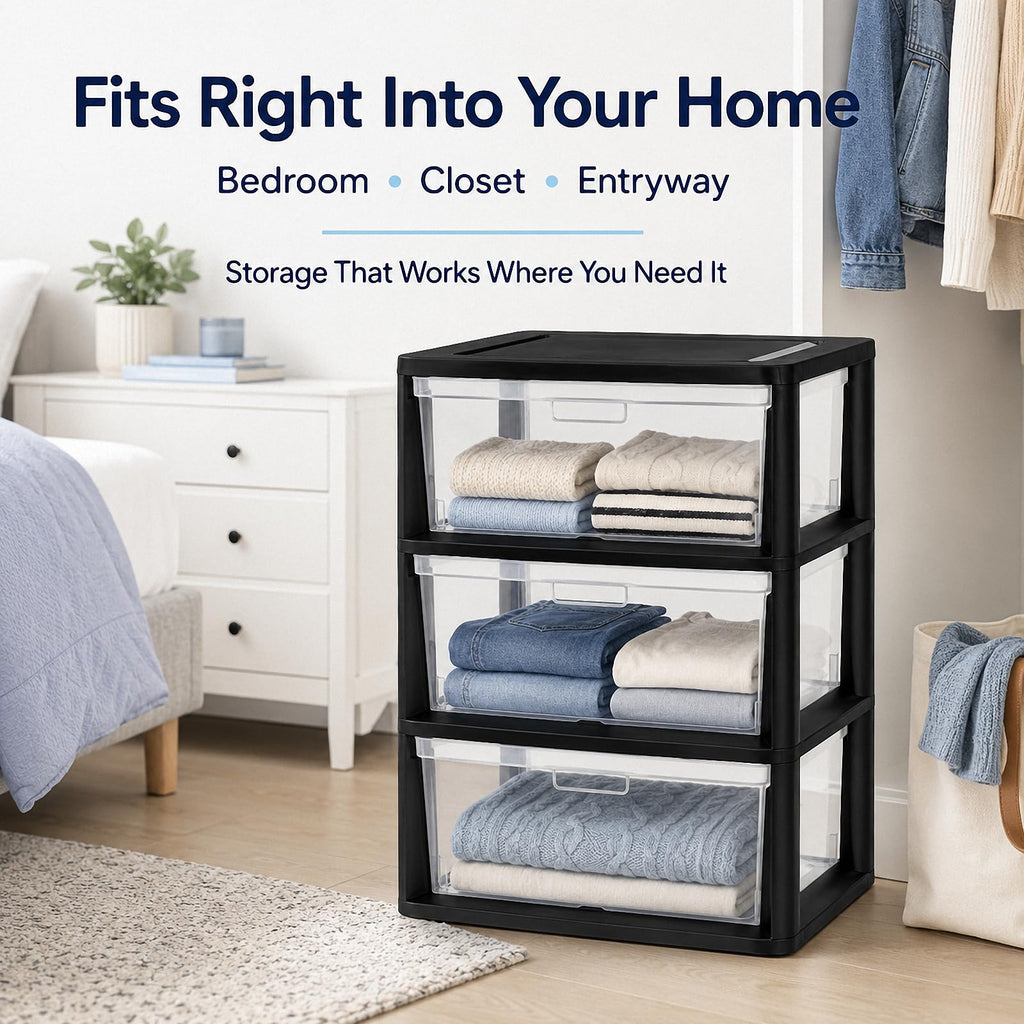 Black 3 Drawer Plastic Storage Tower with Clear Bins K6210