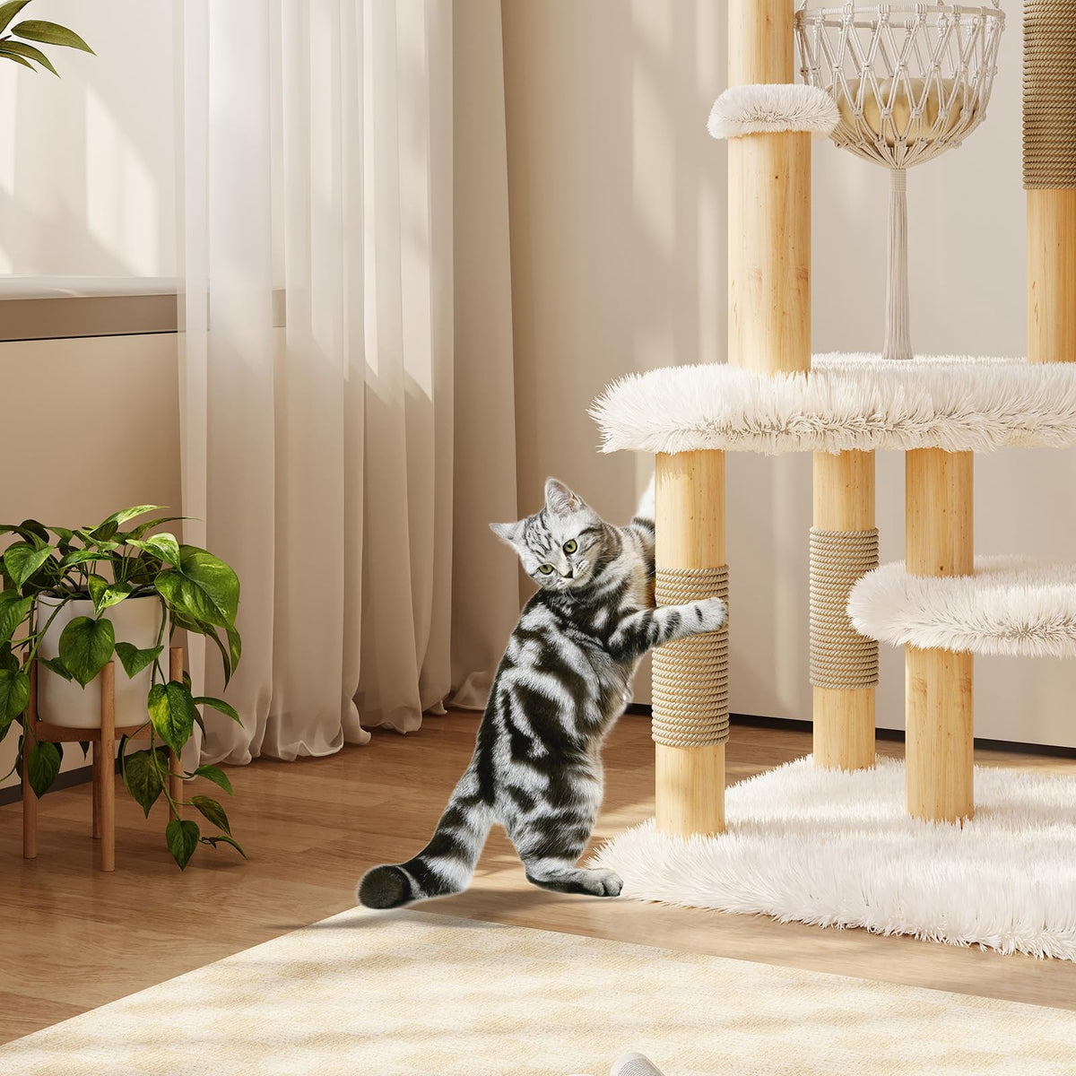 70" Solid Wooden Cat Tree Tower with Sisal Scratching Post & Hammock R224496