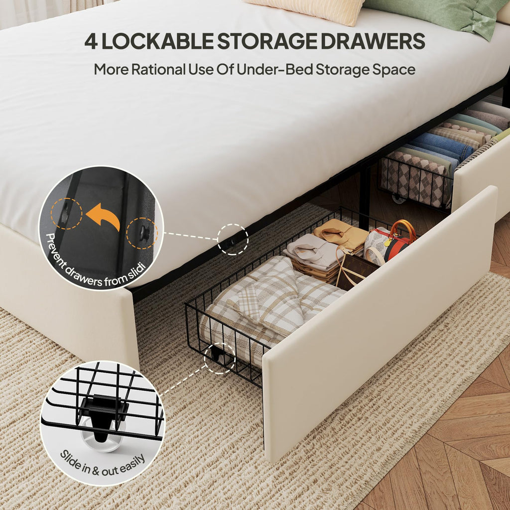 White Full Size Upholstered Bed Frame with Headboard & 4 Drawers J249