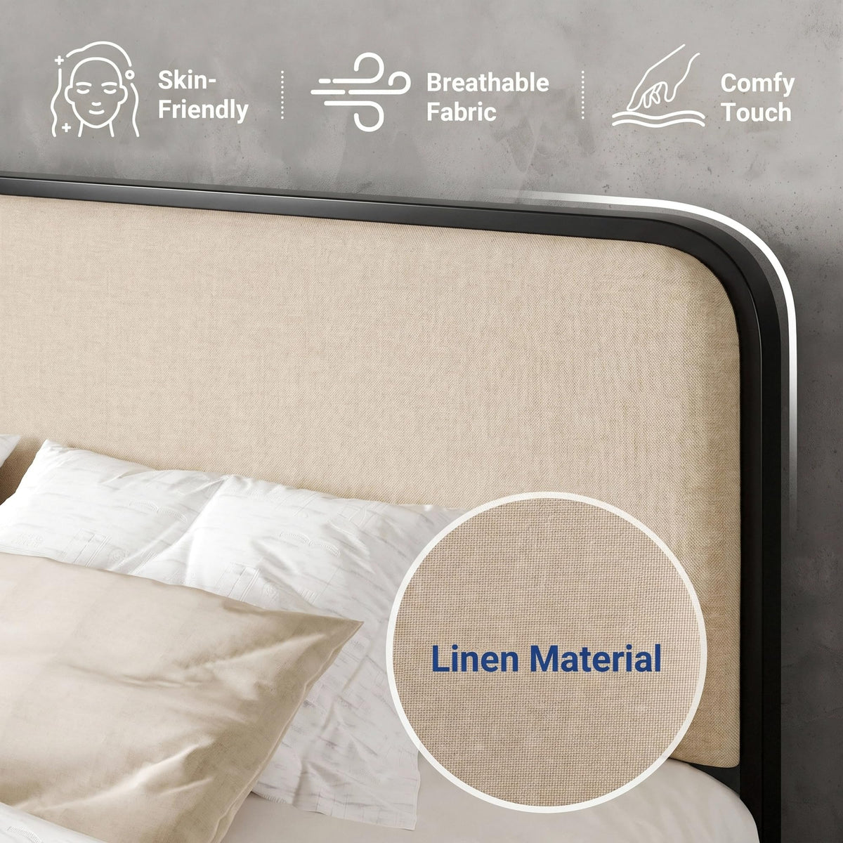 Full Metal Bed Frame with Upholstered, Beige Q69959