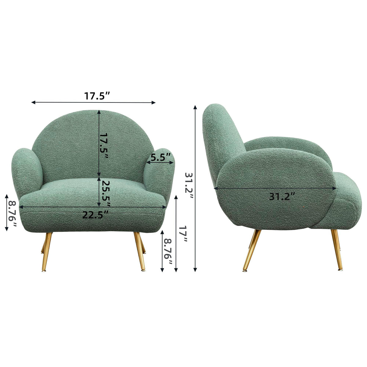 Green Sherpa Accent Chair Set of 2 with Gold Legs N12427