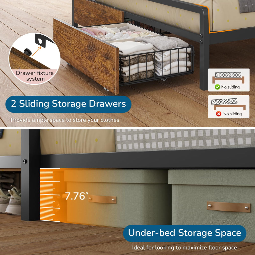 Black Twin Over Full Bunk Bed with Storage Drawers and Bookshelf O90151