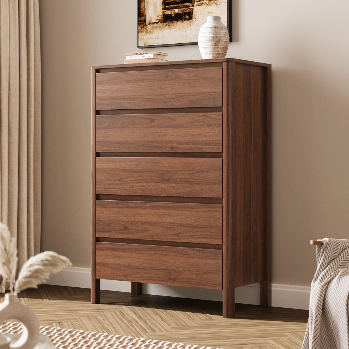 Walnut 5 Drawer Wood Dresser L8353