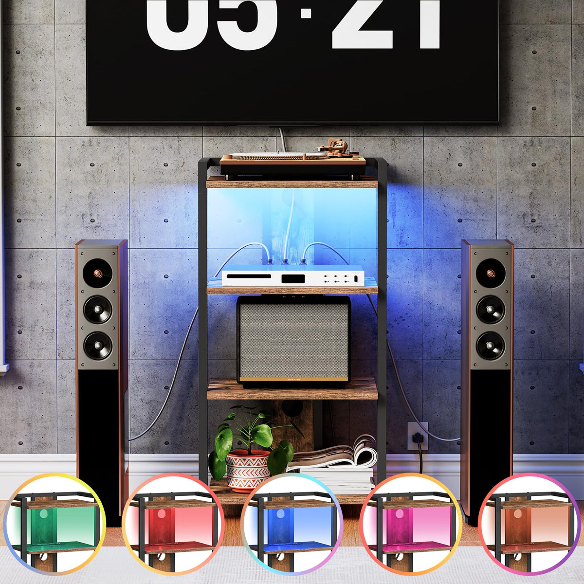 4-Tier Media Stand with Charging Station & LED Light S26012