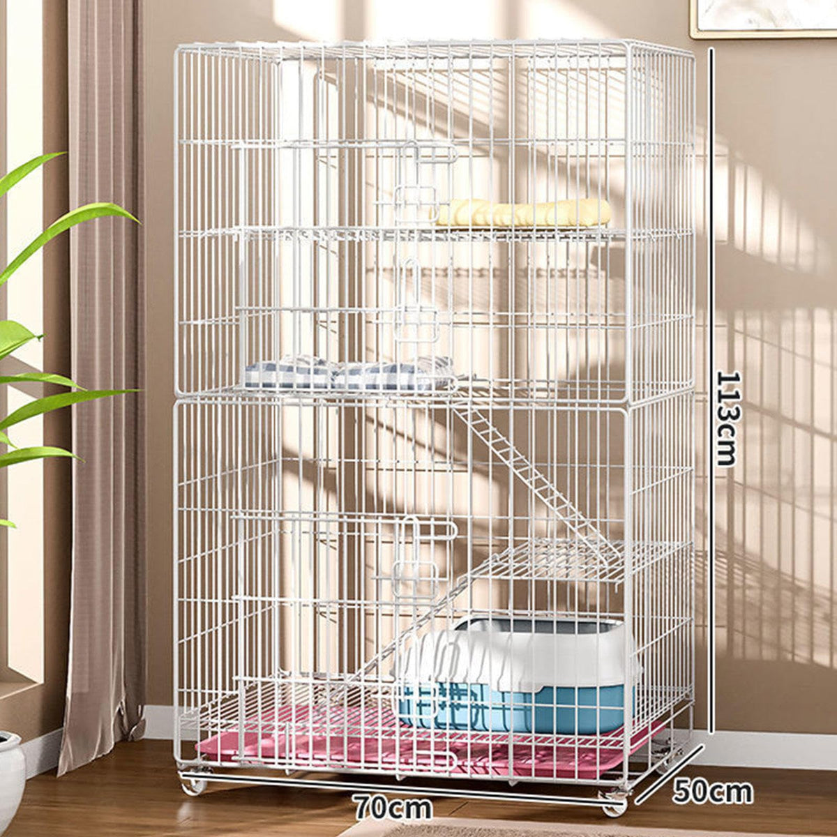 4-Tier Collapsible Metal Wire Cat Cage with Wheels White N873562