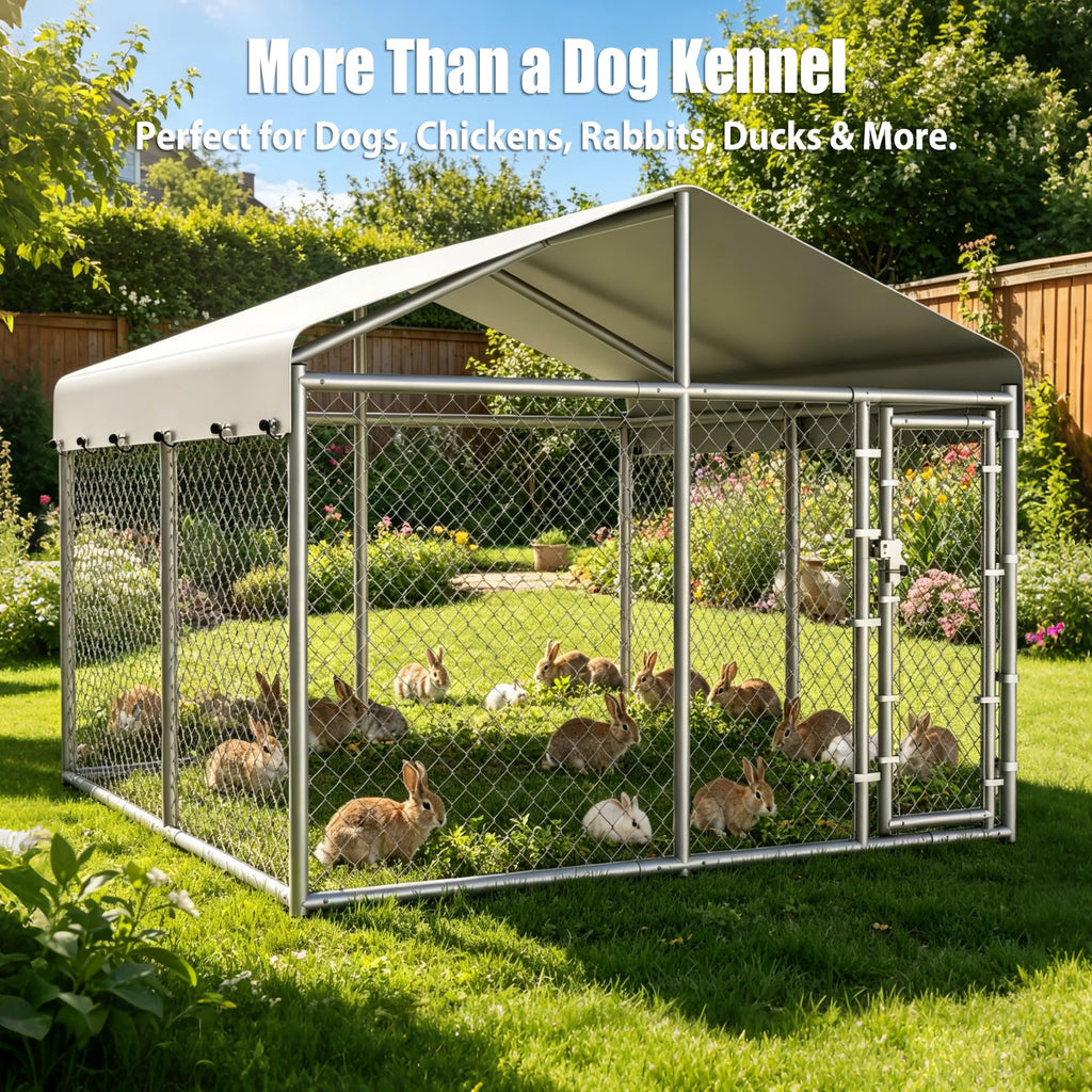 10 x 10 x 6.56 ft Galvanized Chain Link Dog Kennel with Roof T72478