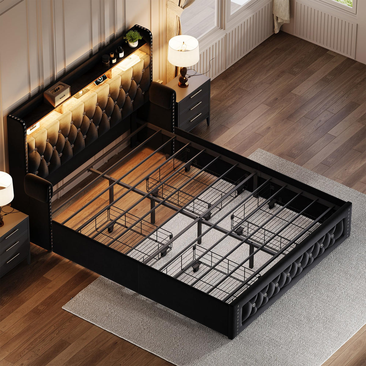 Queen Size Velvet Upholstered Platform Bed with 4 Storage Drawers S71755