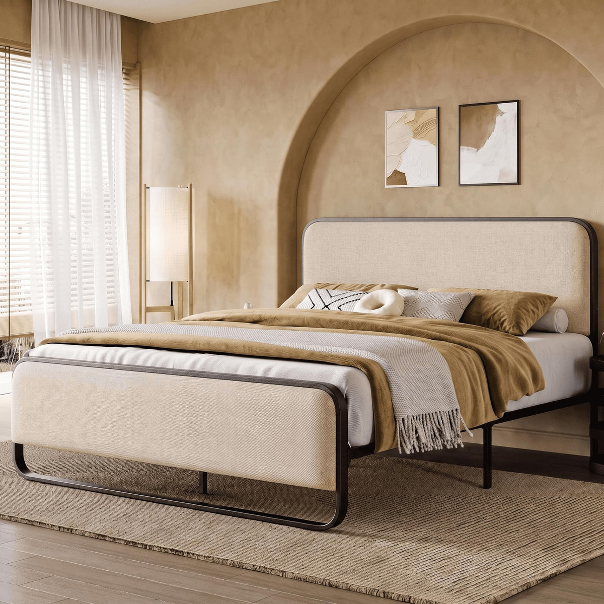 Full Metal Bed Frame with Upholstered, Beige Q69959