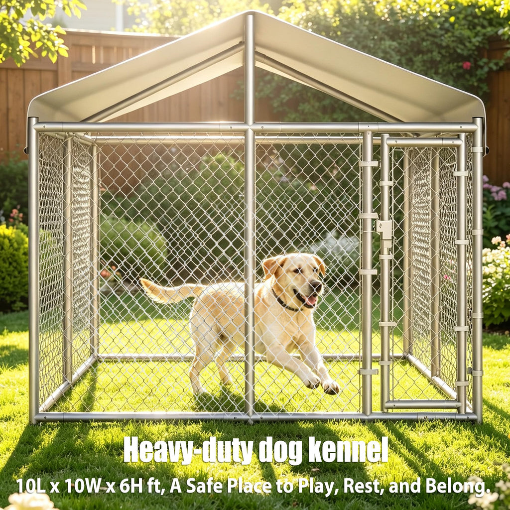 10 x 10 x 6.56 ft Galvanized Chain Link Dog Kennel with Roof T72478
