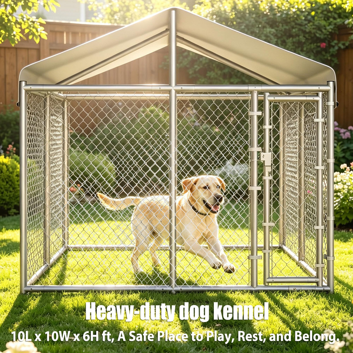 10 x 10 x 6.56 ft Galvanized Chain Link Dog Kennel with Roof T72478