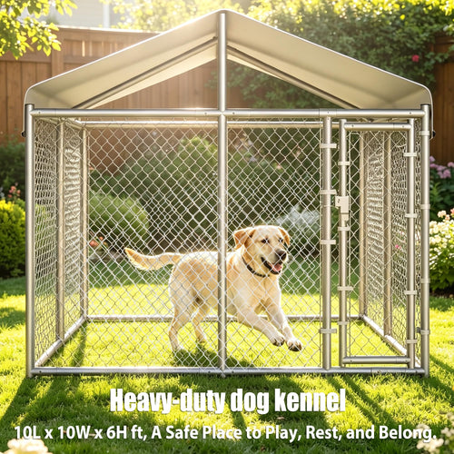 10 x 10 x 6.56 ft Galvanized Chain Link Dog Kennel with Roof T72478