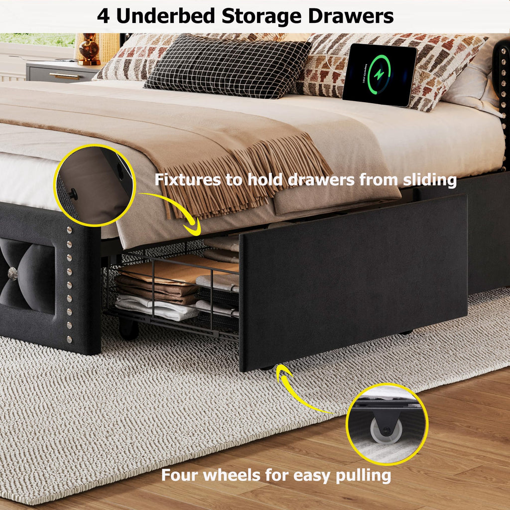 Queen Size Velvet Upholstered Platform Bed with 4 Storage Drawers S71755
