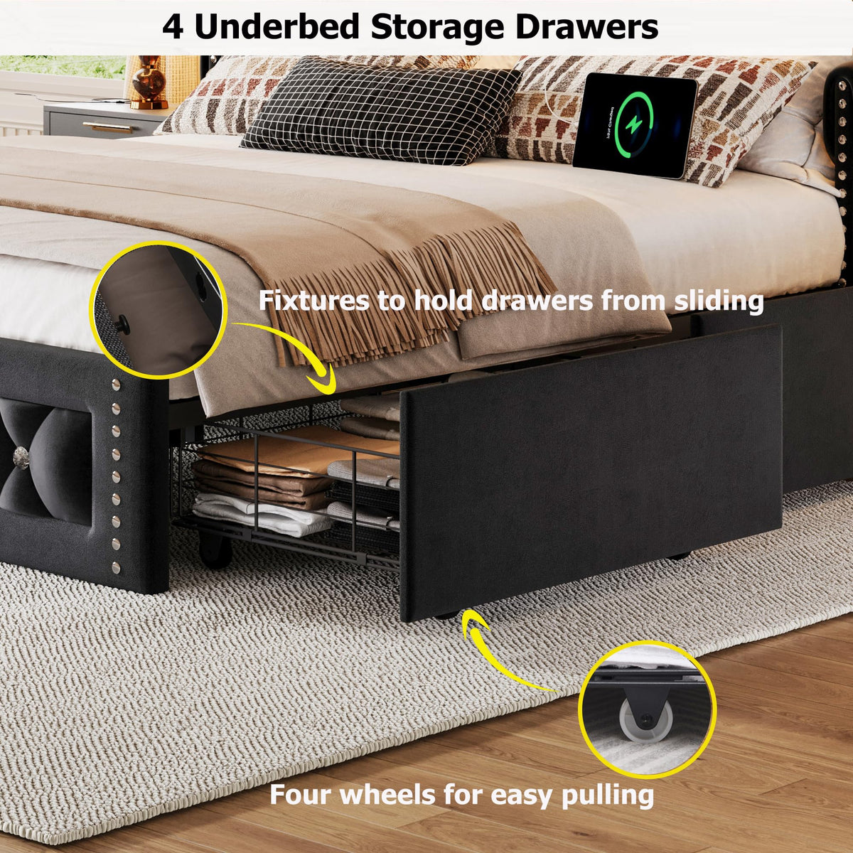 Queen Size Velvet Upholstered Platform Bed with 4 Storage Drawers S71755