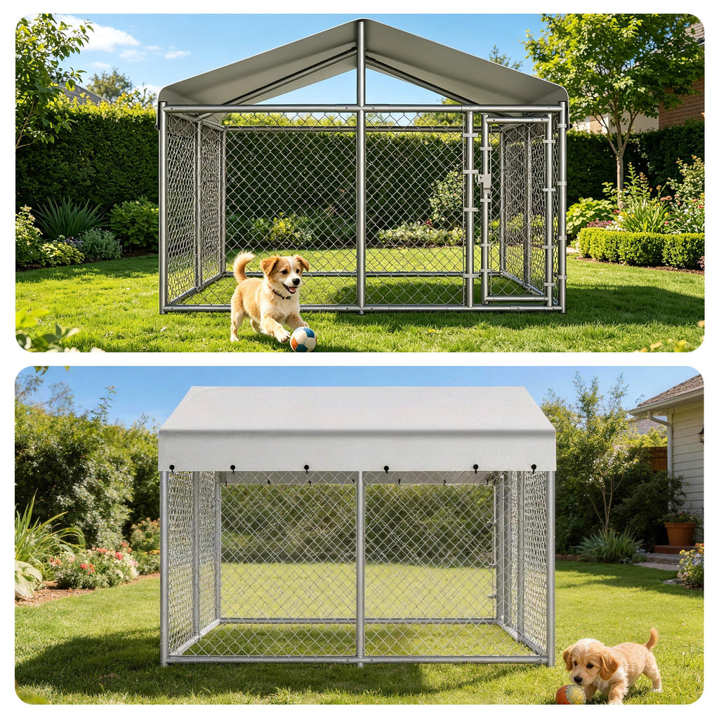 10 x 10 x 6.56 ft Galvanized Chain Link Dog Kennel with Roof T72478