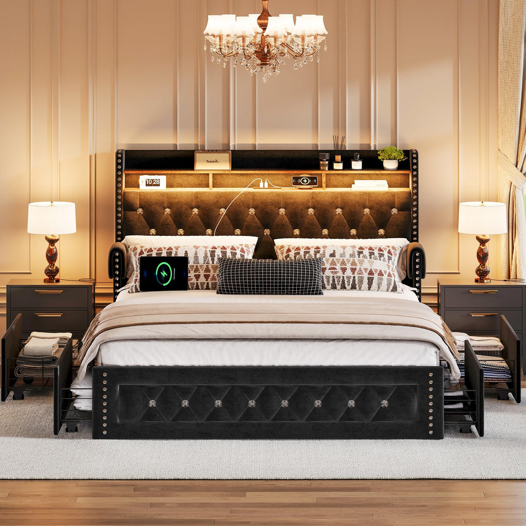 Queen Size Velvet Upholstered Platform Bed with 4 Storage Drawers S71755