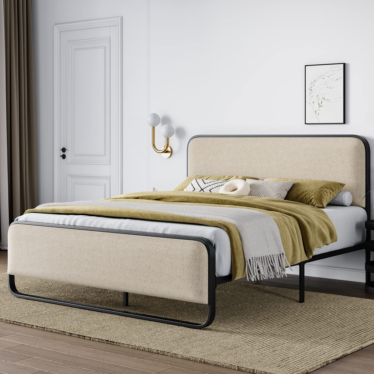 Full Metal Bed Frame with Upholstered, Beige Q69959