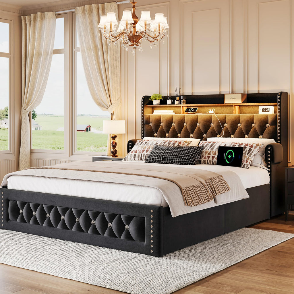 Queen Size Velvet Upholstered Platform Bed with 4 Storage Drawers S71755