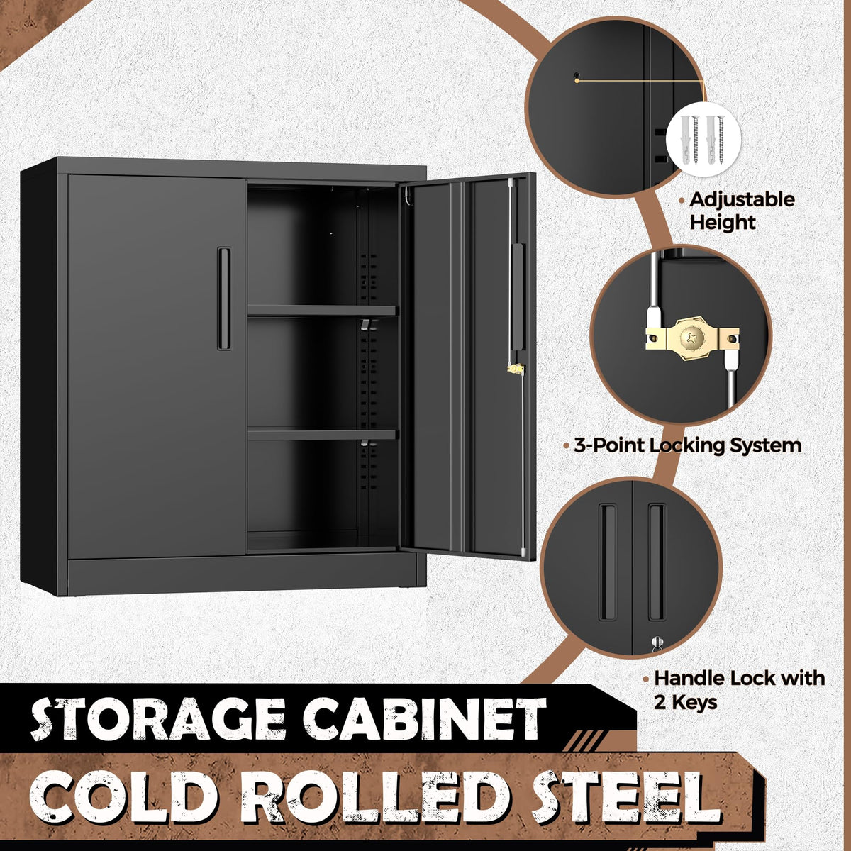 Black Metal Storage Cabinet with Locking Doors and Shelves H43704