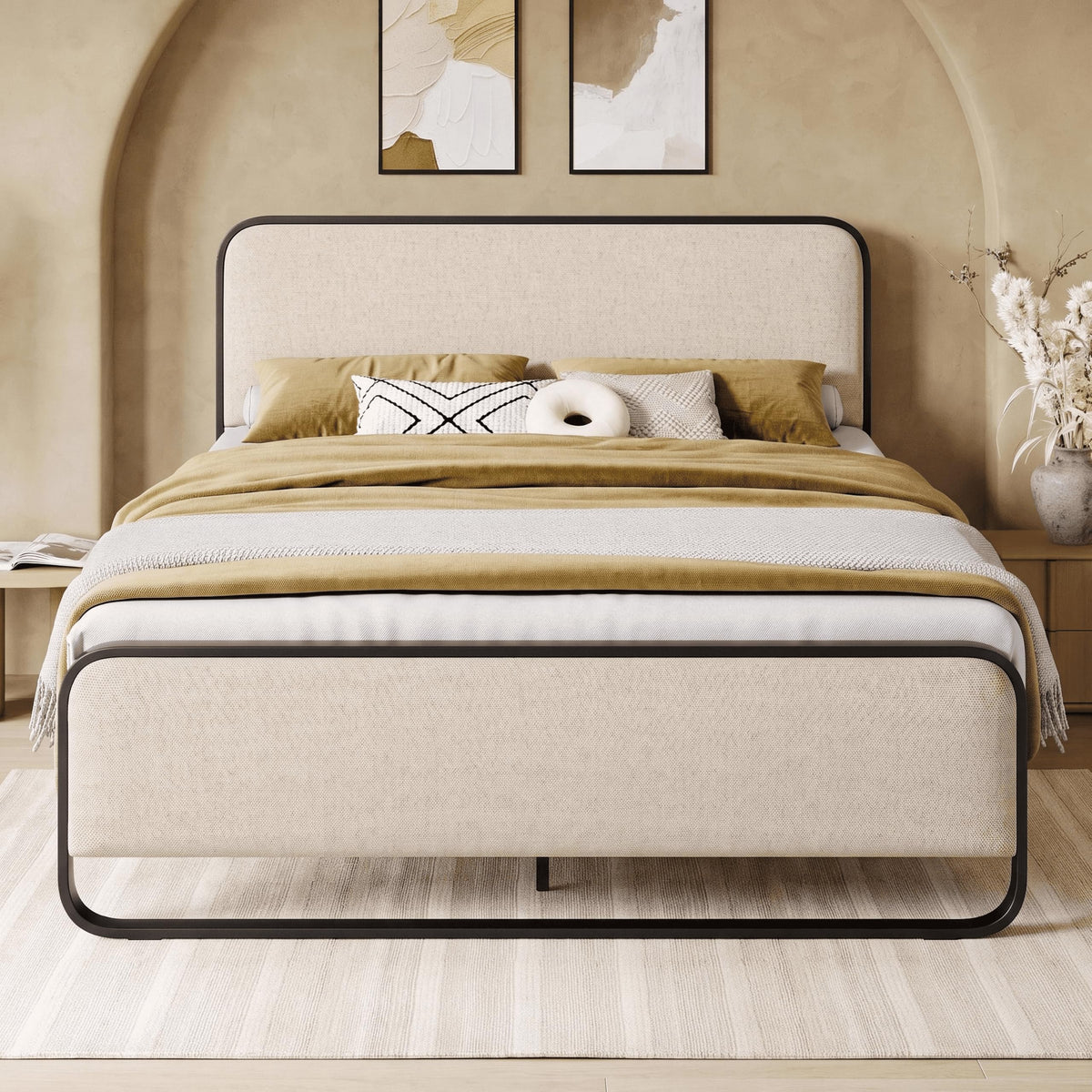 Full Metal Bed Frame with Upholstered, Beige Q69959