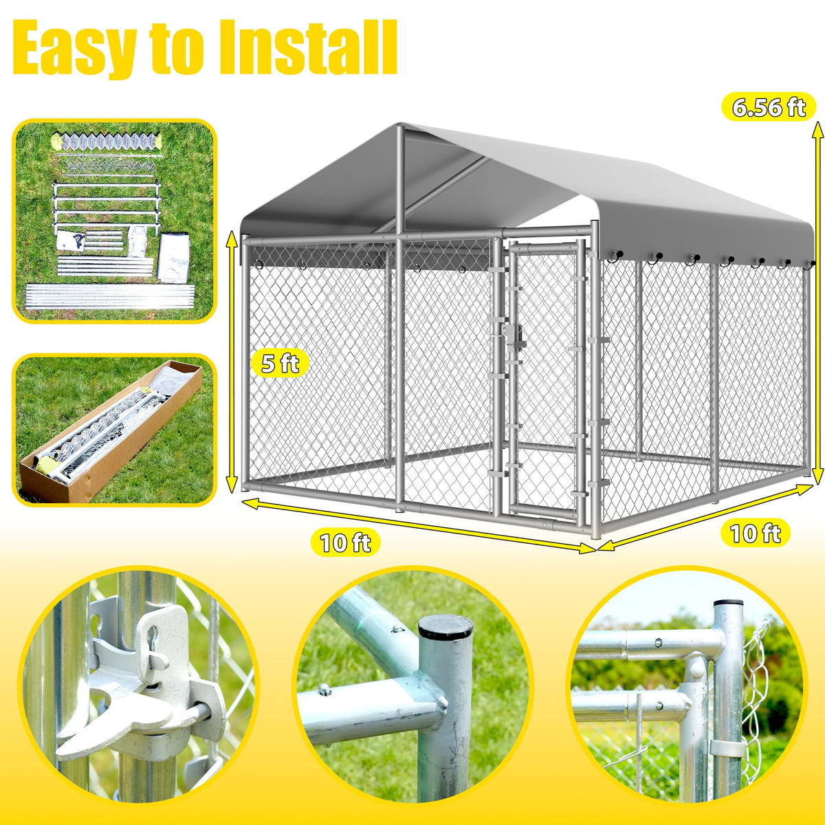 10 x 10 x 6.56 ft Galvanized Chain Link Dog Kennel with Roof T72478