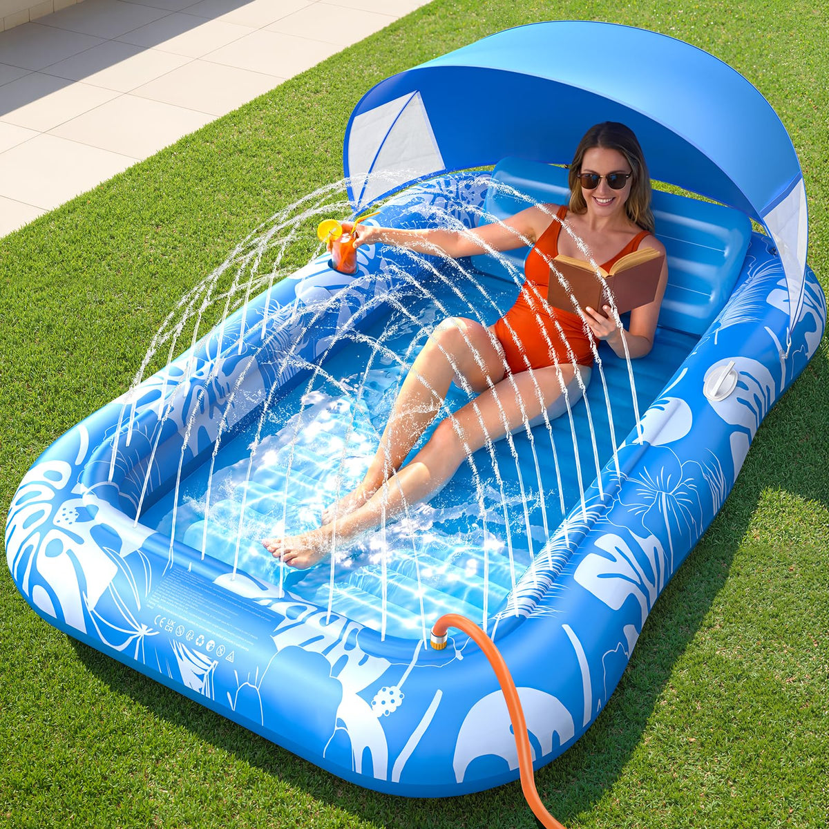 Inflatable Tanning Pool Lounger Float with Sprinkler, Pillow & Cup Holder L239