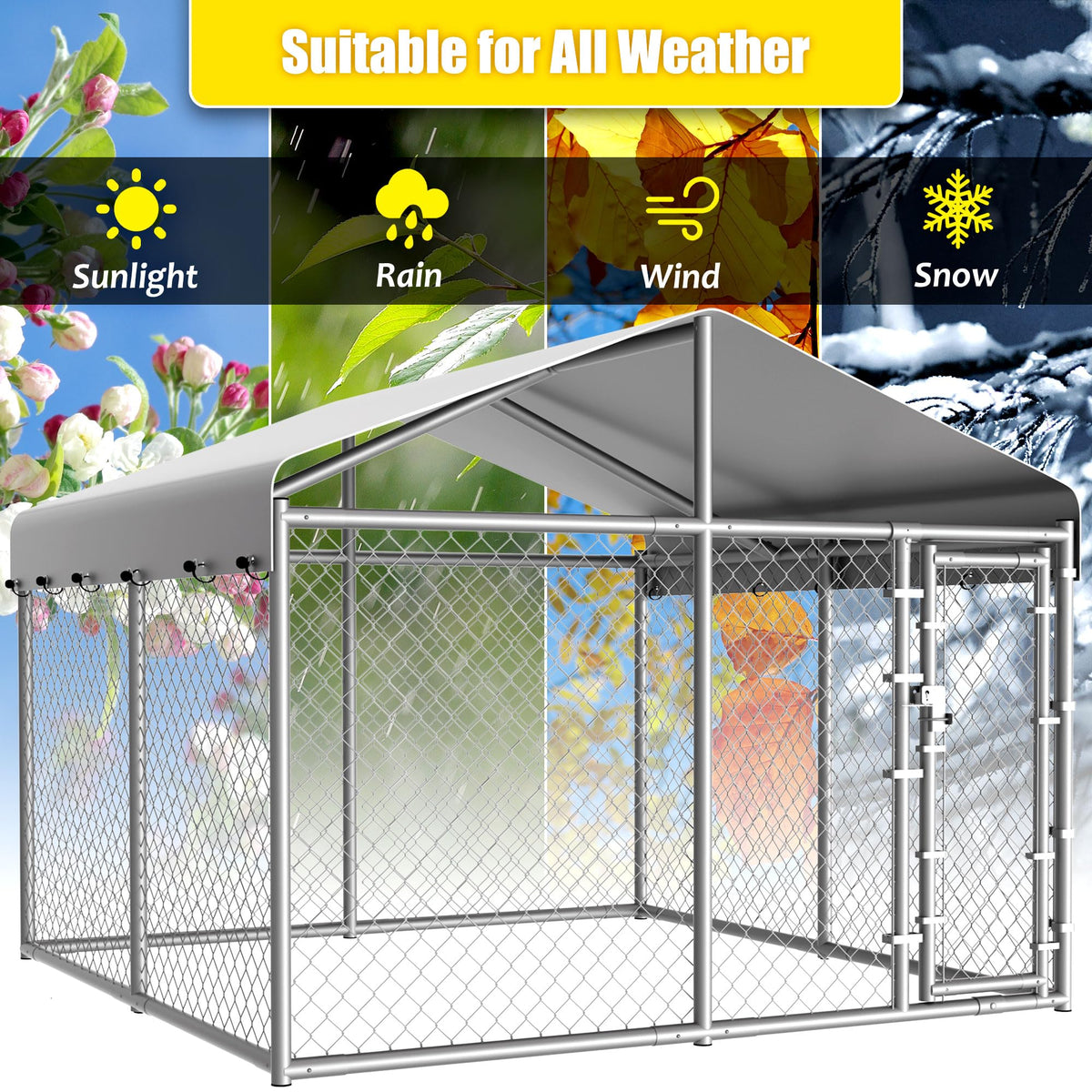 10 x 10 x 6.56 ft Galvanized Chain Link Dog Kennel with Roof T72478