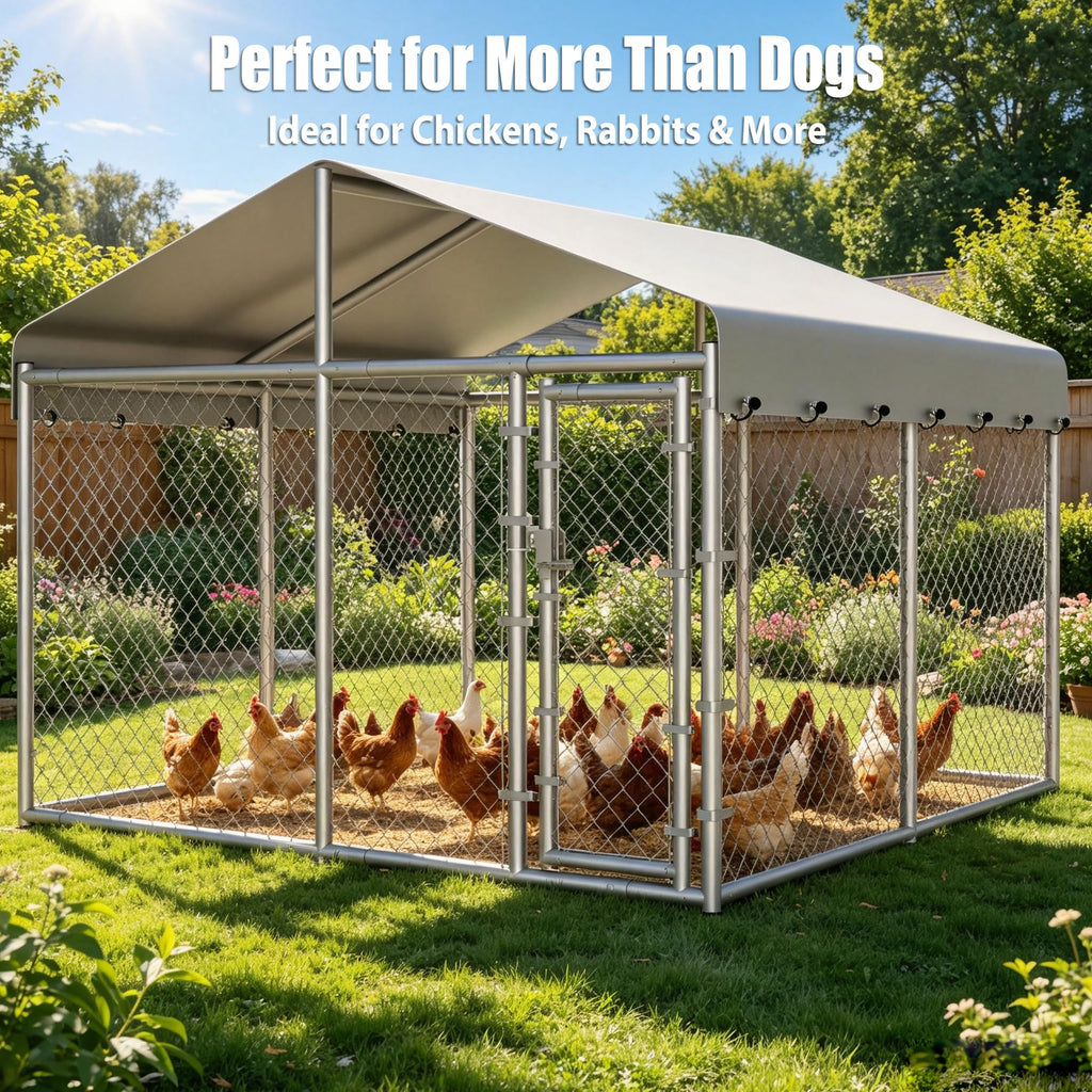 10 x 10 x 6.56 ft Galvanized Chain Link Dog Kennel with Roof T72478
