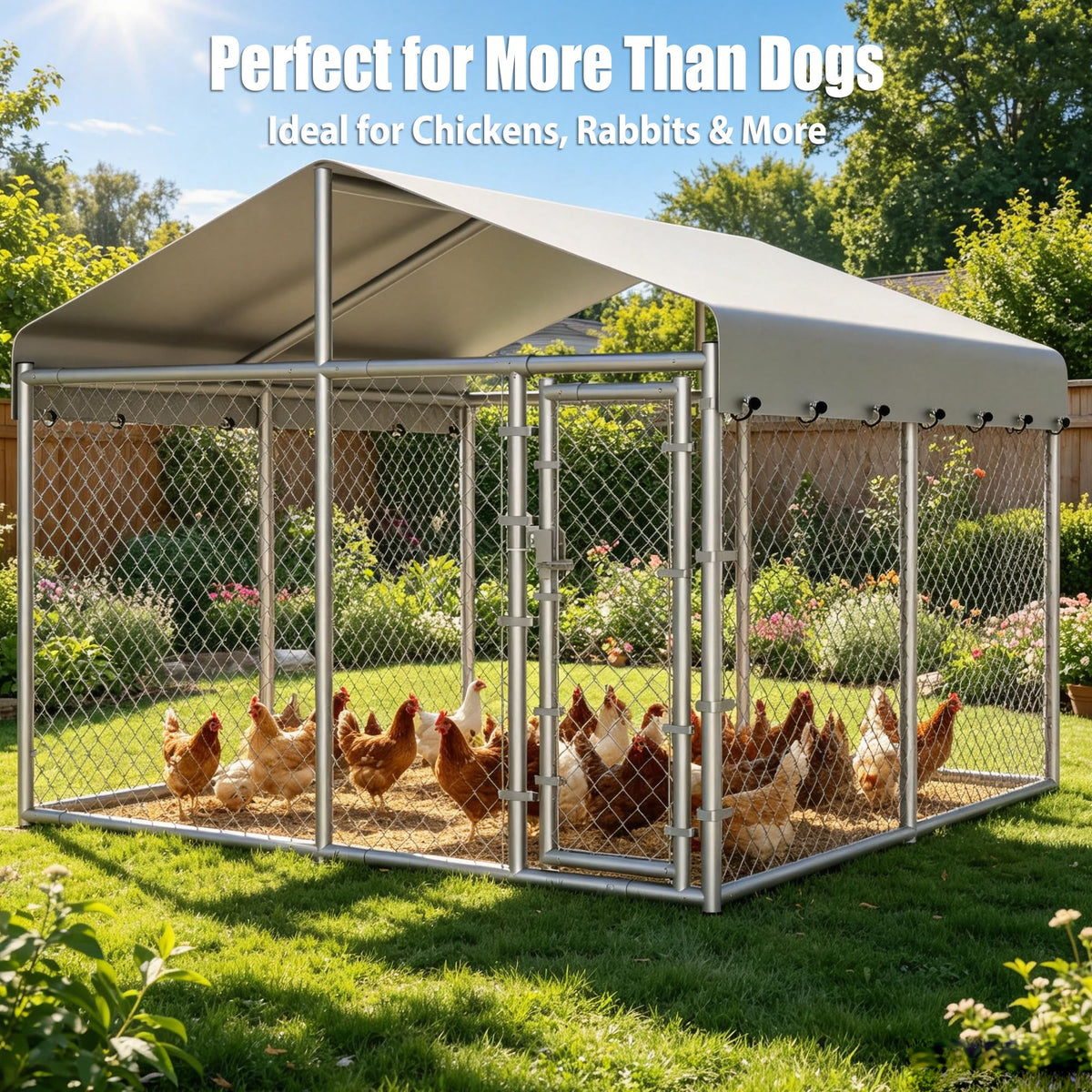 10 x 10 x 6.56 ft Galvanized Chain Link Dog Kennel with Roof T72478