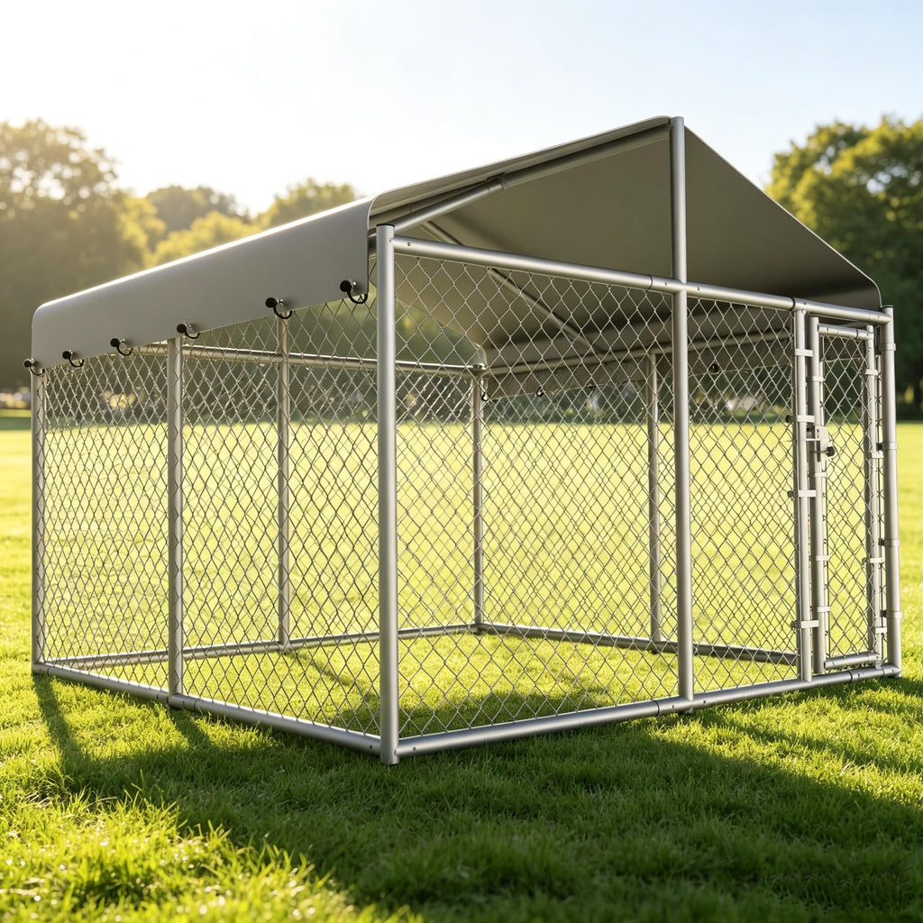 10 x 10 x 6.56 ft Galvanized Chain Link Dog Kennel with Roof T72478