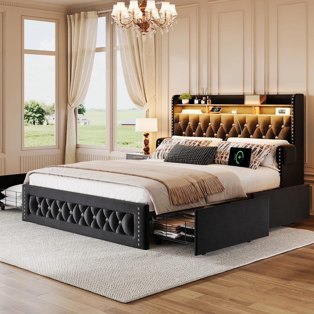 Queen Size Velvet Upholstered Platform Bed with 4 Storage Drawers S71755